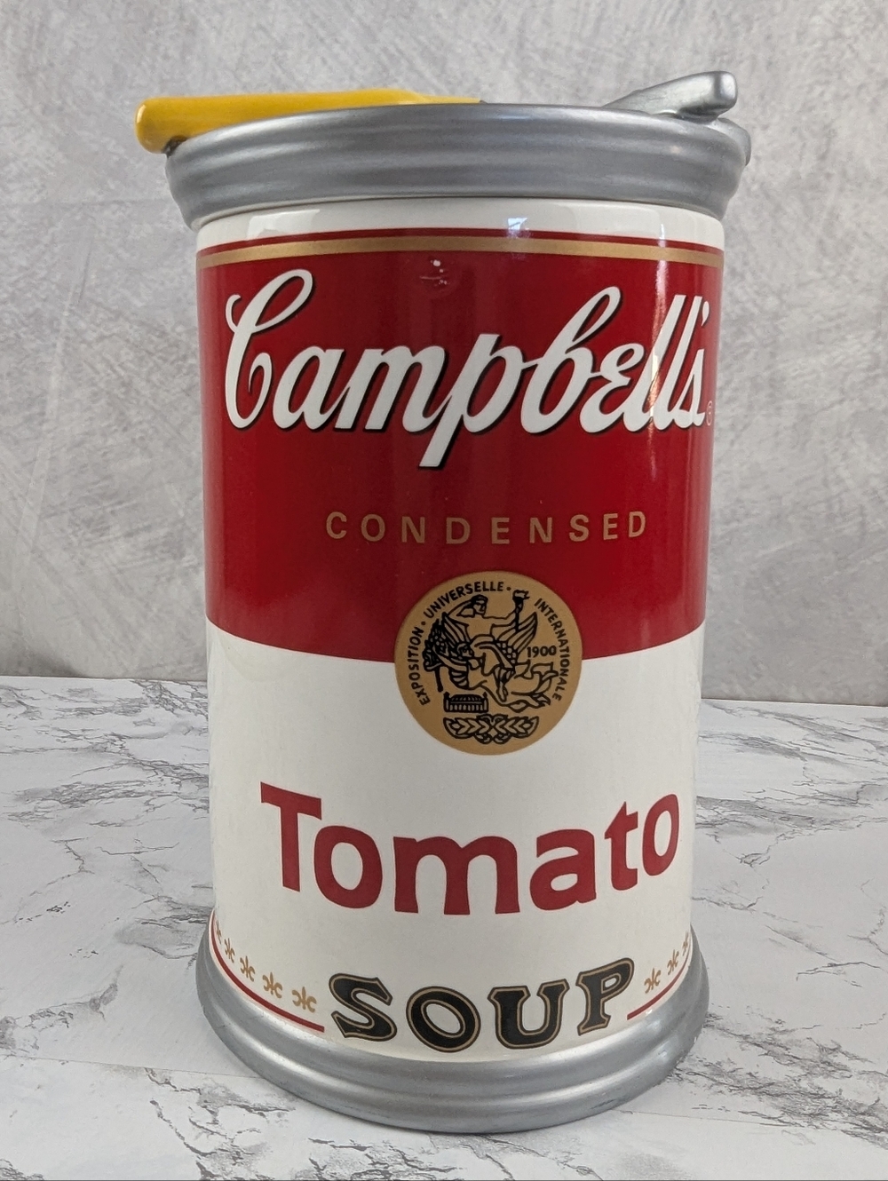 Vtg 1999 Campbell’s Tomato Soup Can Cookie Jar Gibson Can Opener Lid Ceramic